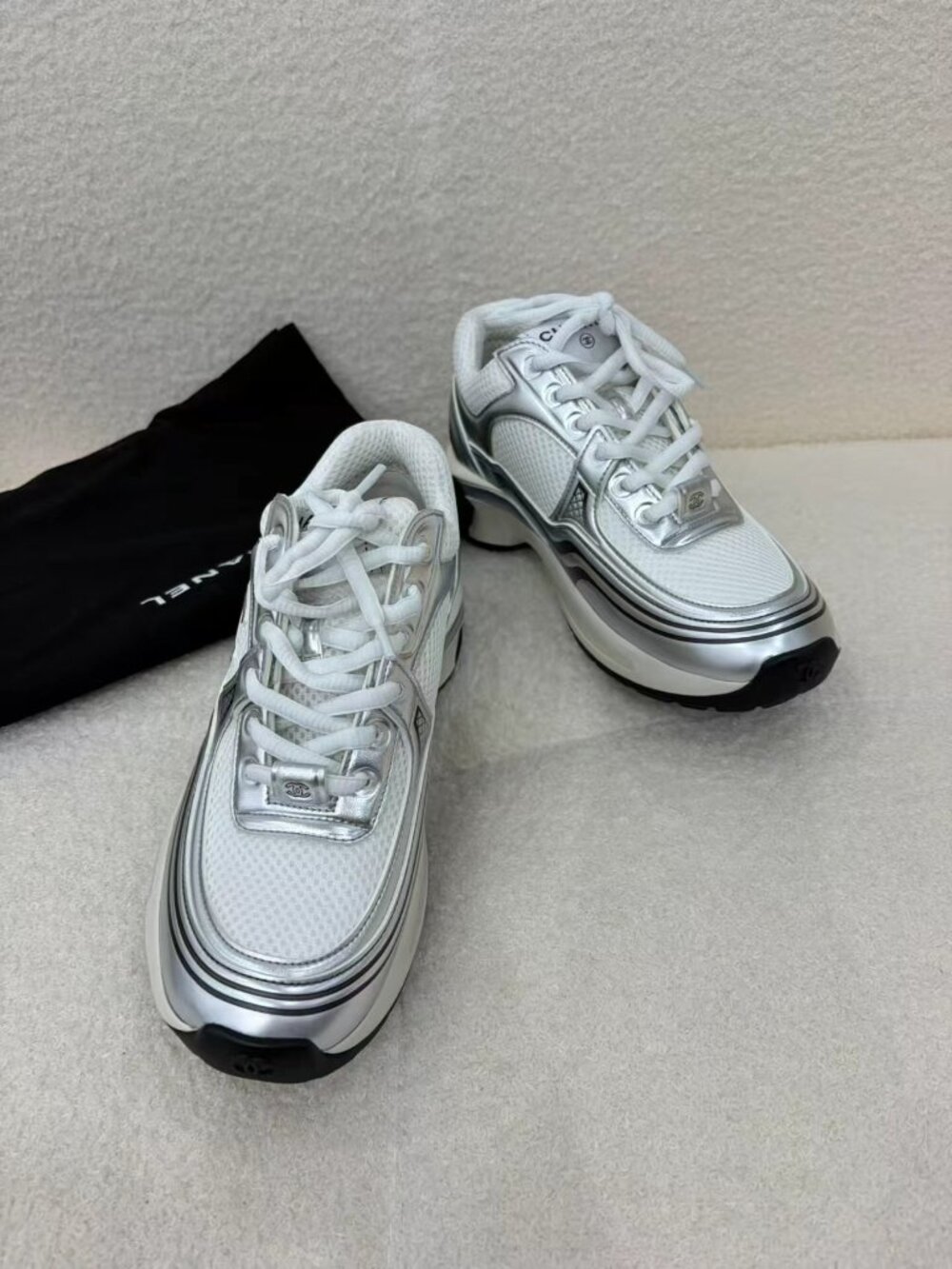 Chanel Silver Mesh Logo Sneakers